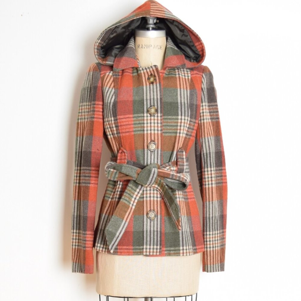 Jack BB Dakota coat jacket rust brown plaid hooded olive green womens S - Picture 1 of 8
